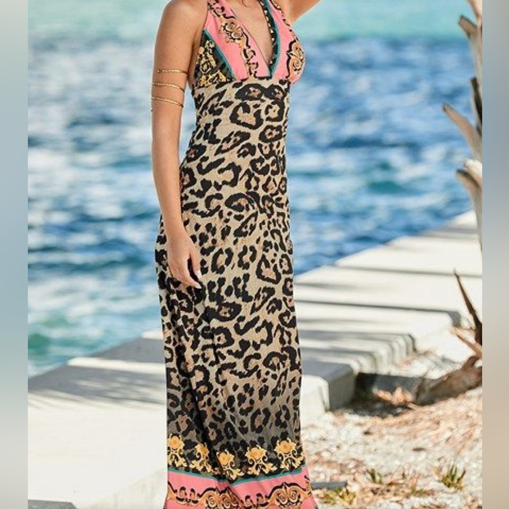 NWOT Halter top maxi dress from VENUS. Animal print, coral,& turquoise